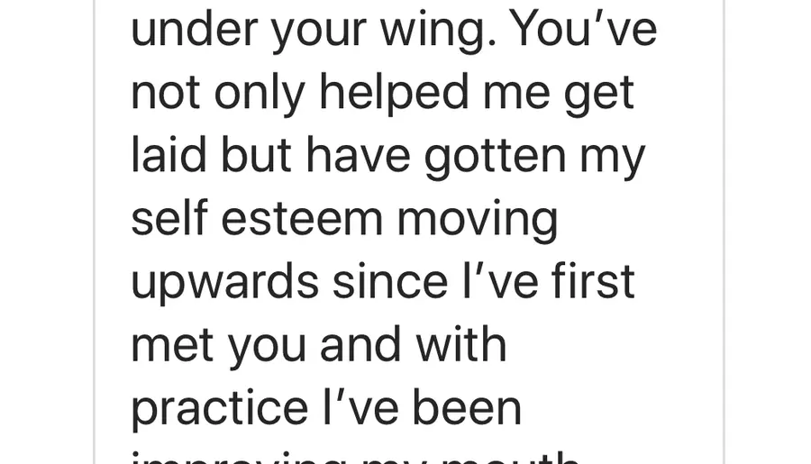 Instagram message from Jacob. MLD helped him get laid and his self-esteem is moving upwards.