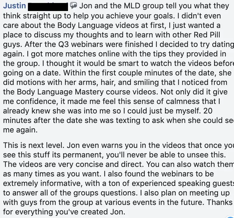 Facebook comment from Justin. After the webinars he dated again, recognized body-language cues on the date, and she texted 20 minutes later.