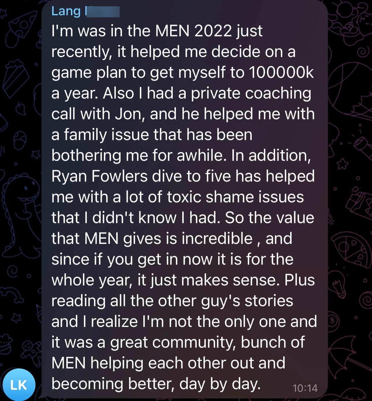 Telegram message from Lang K. about M.E.N. 2022: a private coaching call with Jon helped him with a family issue, and seeing other men's stories showed him he's not the only one.