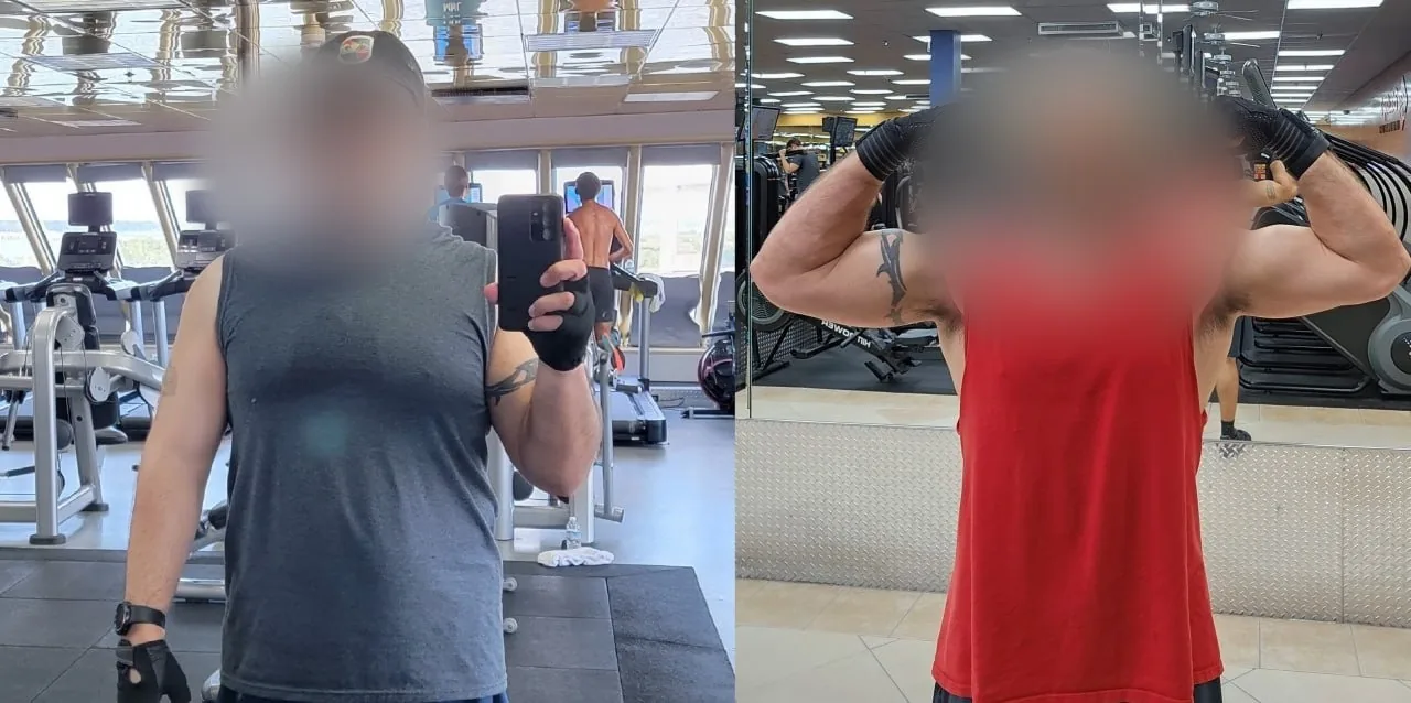 Two gym mirror photos of the same man side by side, faces blurred: on the left in a gray tank top and cap; on the right flexing in a red tank top, visibly leaner and more muscular.