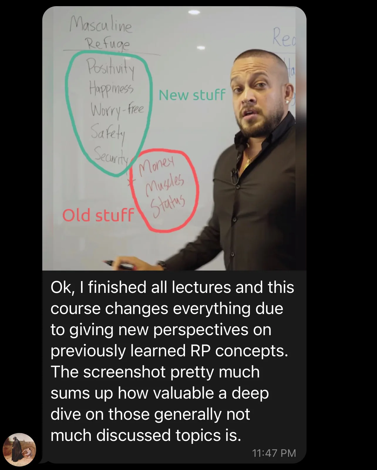 Telegram message with a Dark Pass video frame of a whiteboard comparing 'old stuff' (money, muscles, status) with 'new stuff'; the member says the course changes everything.