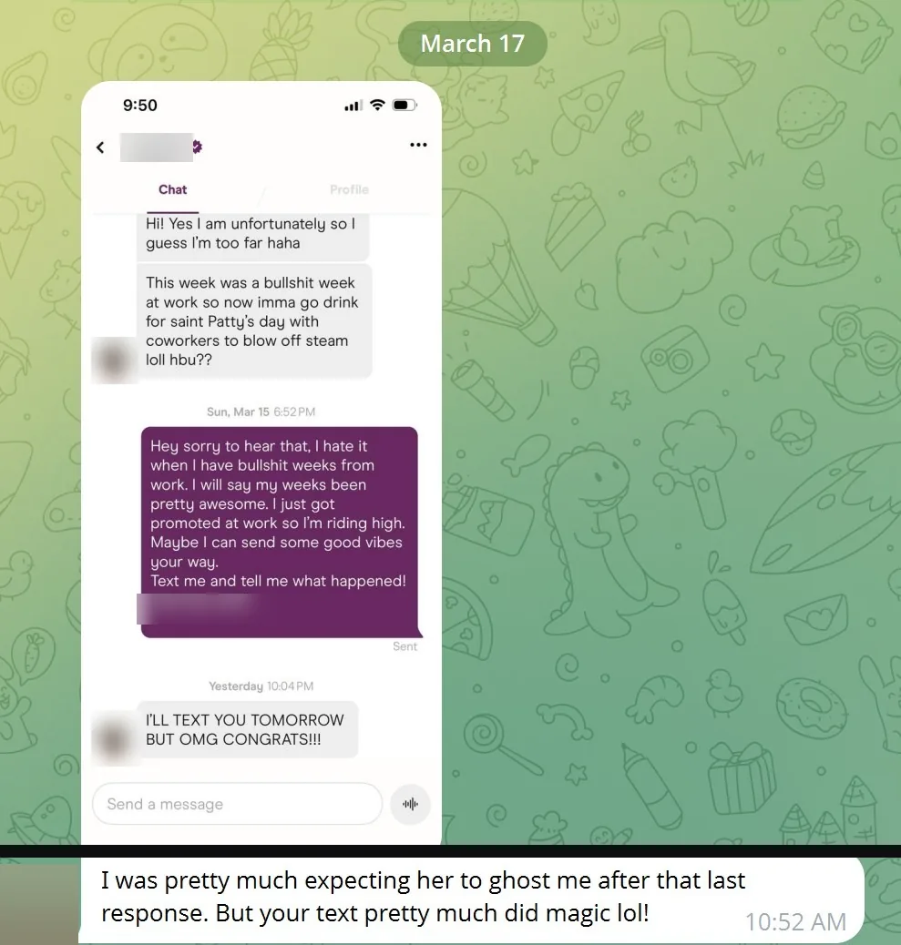 Telegram message to Jon with a dating-app chat from March 2026. After a text Jon wrote for him, the match replies 'I'll text you tomorrow but OMG congrats!!!' The member says Jon's text pretty much did magic.