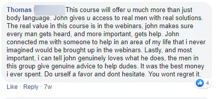 Facebook comment from Thomas M.: the real value is in the webinars, where every man gets heard and helped; he calls it the best money he ever spent.