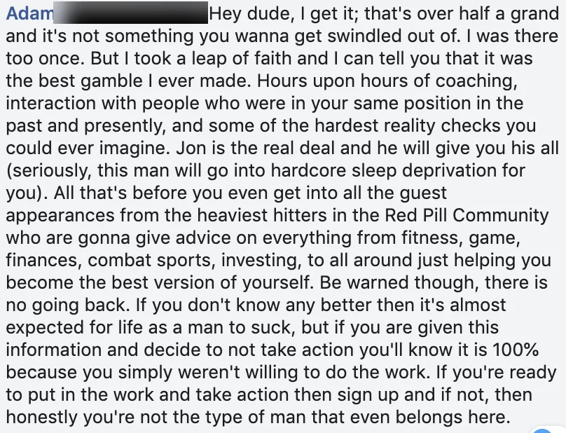 Facebook comment from Adam: he understands hesitating over the price, took a leap of faith, and calls it the best gamble he ever made.