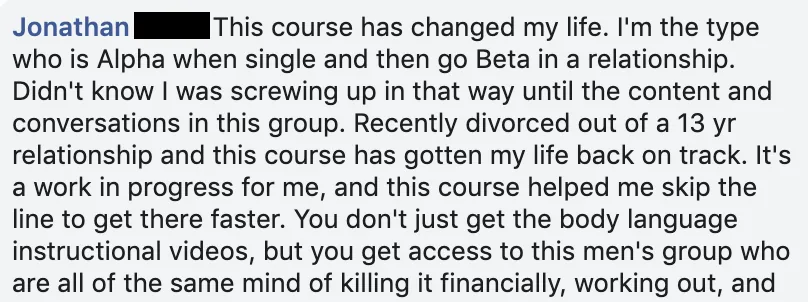 Facebook comment from a member named Jonathan: recently divorced after a 13-year relationship, he says the course and the men's group got his life back on track.