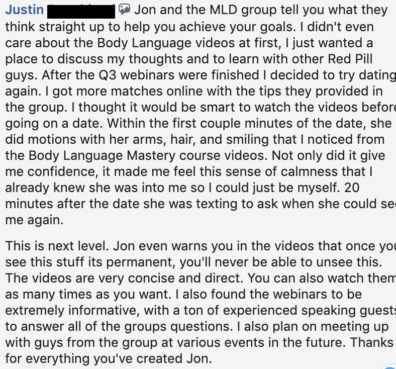 Facebook comment from Justin: back to dating after the Q3 webinars, he noticed her interest signals on the date, felt calm enough to be himself, and she texted 20 minutes later asking to see him again.
